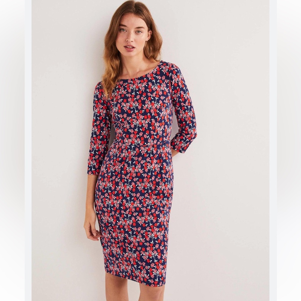Boden Navy Floral Midi Dress with Red and Pink Flowers